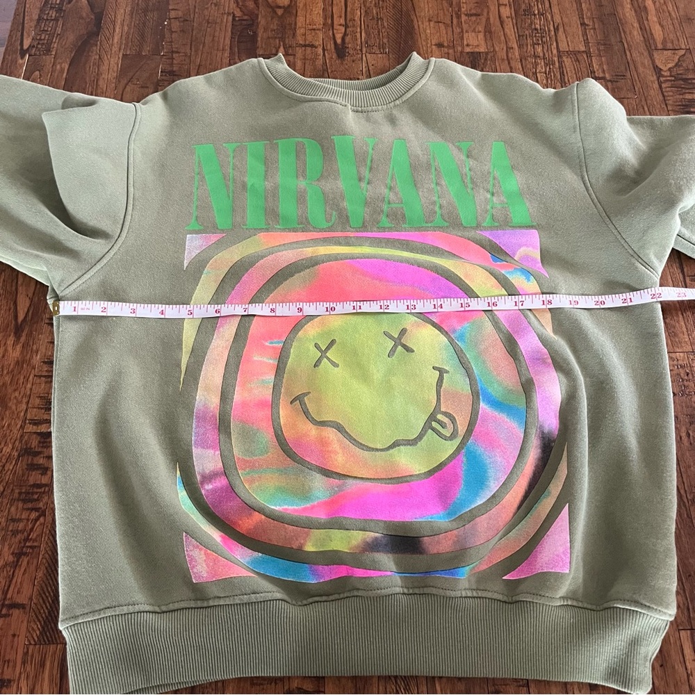 Nirvana Green Multicolor Smiley Face Overdyed Swe… - image 4